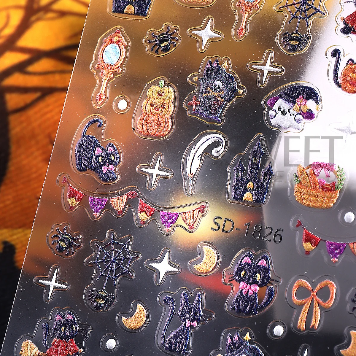 2pcs Adorable Halloween Design Matte Nail Sticker Black Cat Magic Bear Pumpkin Star Decals Holiday Design Sliders Manicure Decor