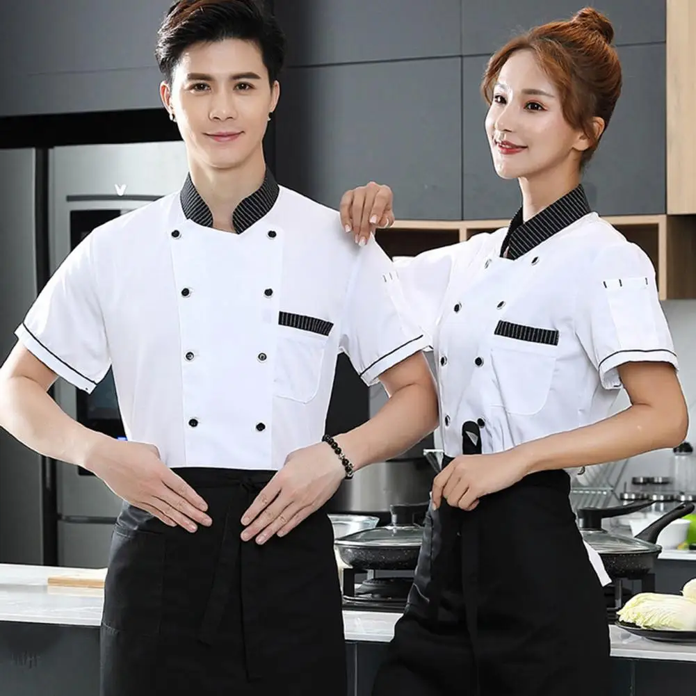 Stand Collar Short Sleeve Double Breasted Patch Pocket Chef Uniform Women Men Service Bakery Breathable Chef Shirt Work Clothing