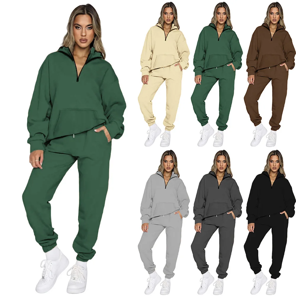 

Women's Autumn Winter Solid Color Zipper Pullover Long Sleeve Pocket Hoodie Two-piece Trouser Suit Casual Sports Fashion