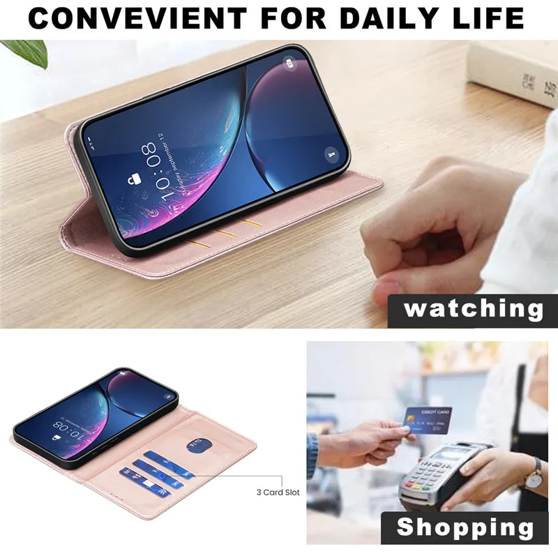 Luxury Leather Flip Phone Case with Magnetic Cover and Solid Color Wallet Design