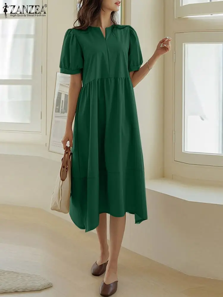 

ZANZEA Puff Sleeve Fashion Vestidos Casual Loose Robe Solid Color Pleated Tiered Dresses Elegant Women Holiday V-neck Midi Dress