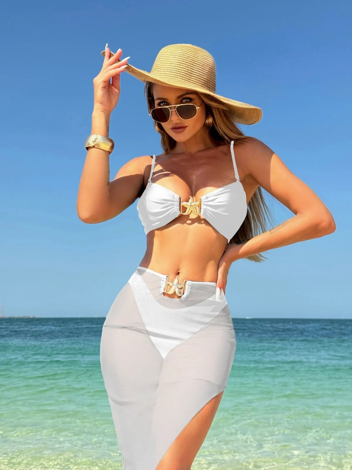 Sexy White Black Skirt 3 Piece Bikini Set 2025 Women Starfish Ornament Push Up High Waist Swimsuit Beach Bathing Suit Swimwear 6