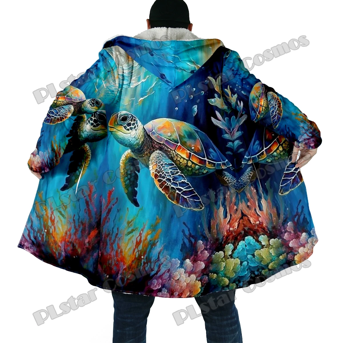 Winter Fashion Men's cloak Animal Sea Turtle Pattern 3D Printed Thick Fleece Hooded Cloak Unisex Casual Warm Cape Coat DP68