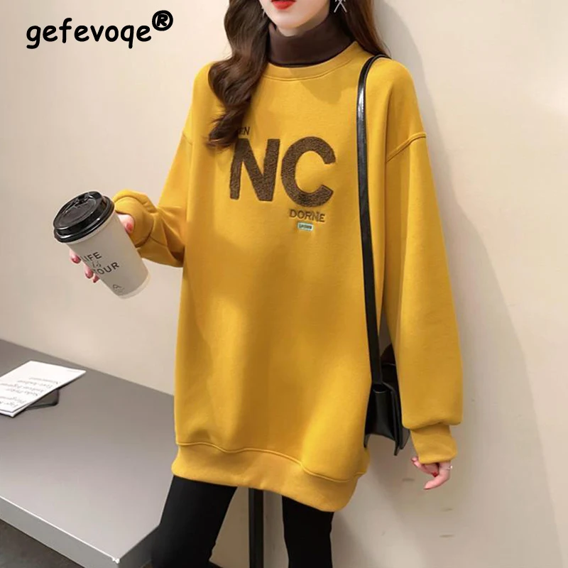 

Autumn Winter High Collar Long Sleeve Fleece Thick Oversize Streetwear Female Sweatshirt Fake 2 Piece Letter Pullover Tops Women