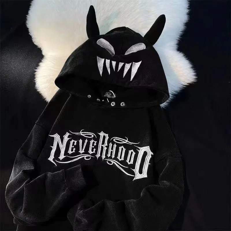 

2023 Vintage Casual Y2K Alphabet Embroidered Devil Hoodie Women's Fashion Street Fashion Autumn Winter Sweater Couple Sweatshirt