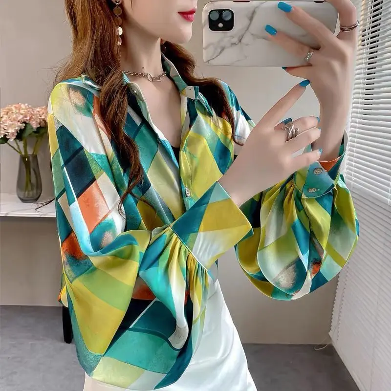 Spring Autumn Women Retro Printed Shirt Women'S Loose Lantern Sleeve Shirt Oil Painting Sense Shirt Tops Female 100pcs lot the dream four seasons sulfuric acid paper retro watercolor oil painting handmade envelope four selection