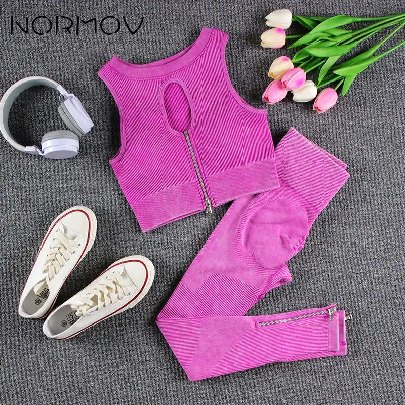 NORMOV Wash Ribbed Yoga Sets 1/2 PCS Sports Sets Zipper Bra Shirts High Waist Fitness Leggings Shorts Women Workout Sets Summer