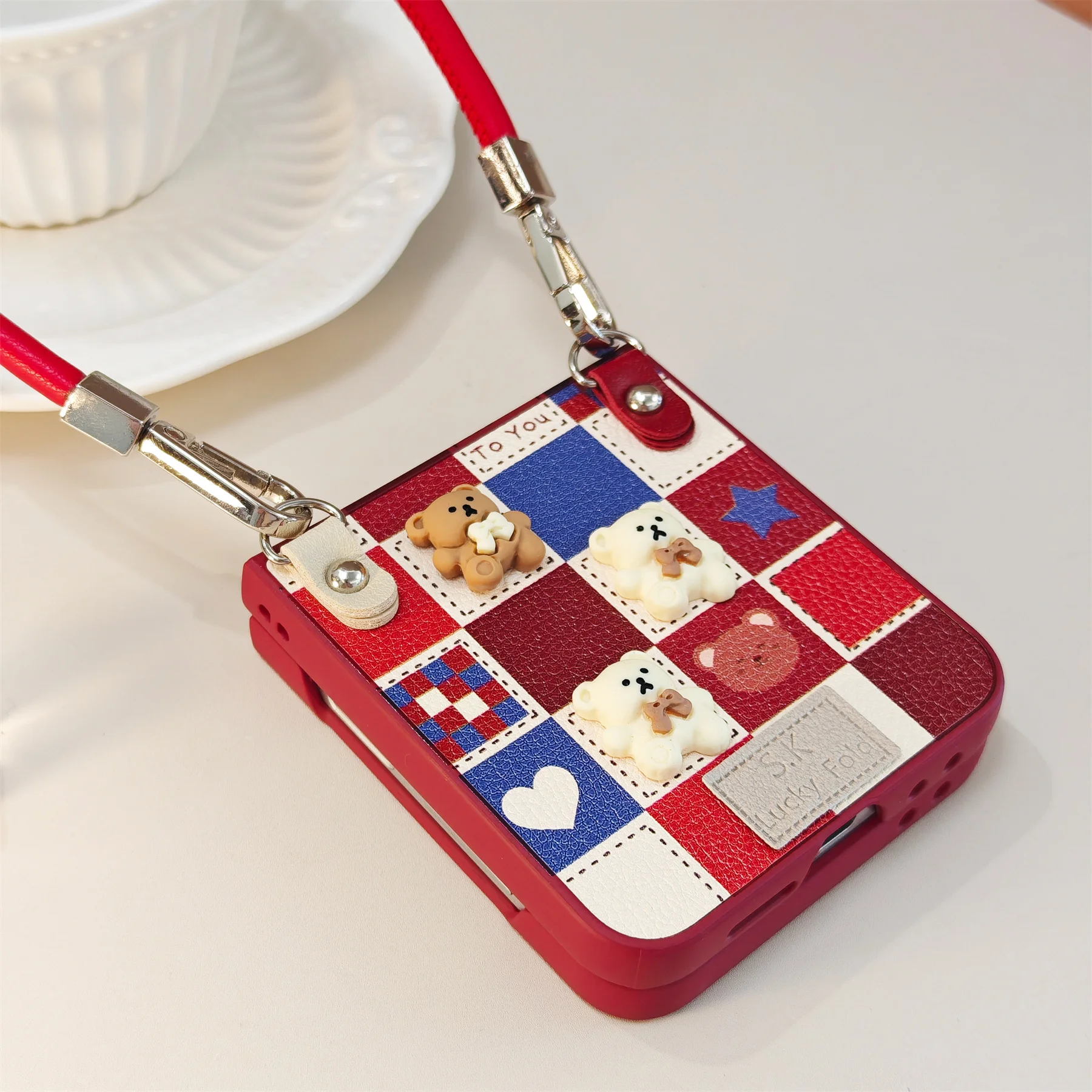 Korean Cute Bear Lattice Wine Red Rope Phone Case – Stylish Back Cover