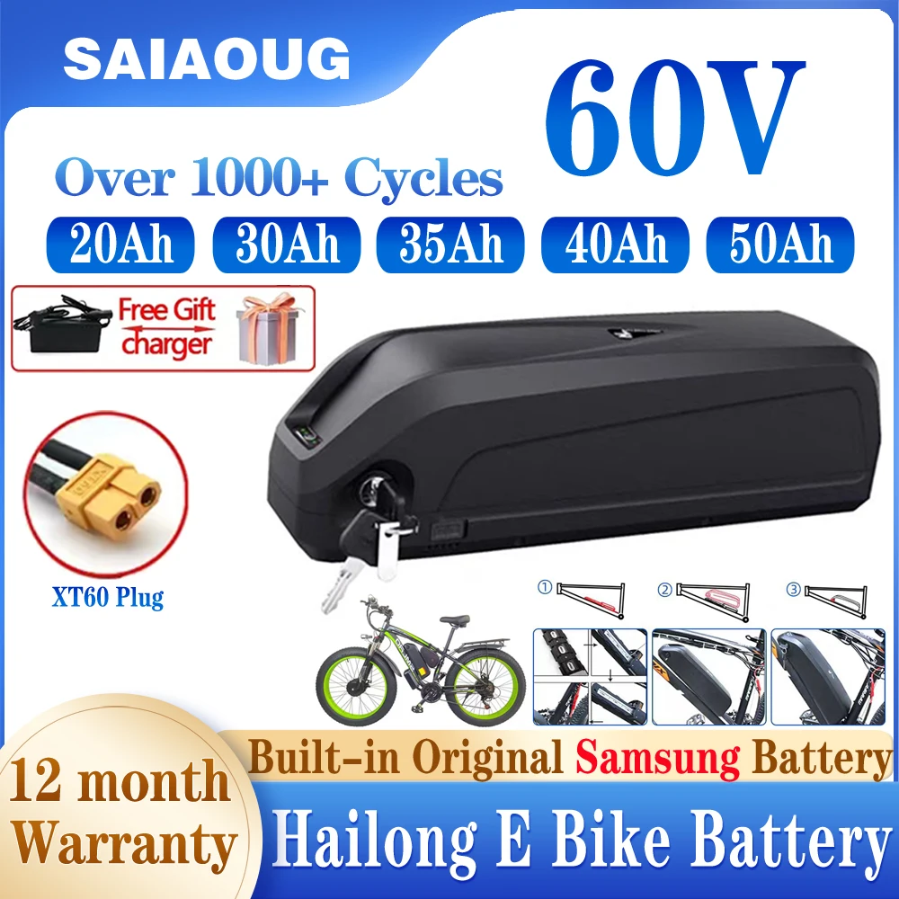 

2000W Original 60V 50Ah Hailong Electric Ebike Bicyle Battery Pack 50A BMS 500W 1000W for Electric Bicycle Motor + Security Lock