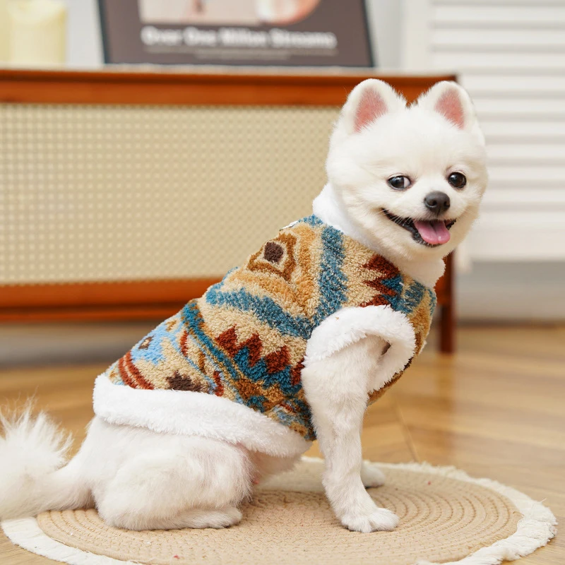 핫 페어 아일 스타일 컬러풀 플리스 강아지 코트 애완 고양이 가을 겨울 실내외 따뜻한 두발 스포츠 의류 리드줄 포함