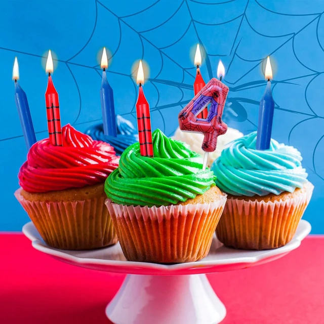 Bougies de numéro d'araignée rouge et bleue pour 8e anniversaire, 7 pièces, décorations de décoration de gâteau de bougie numéro 0-9 pour fêtes à thème de dessin animé d'araignée 4