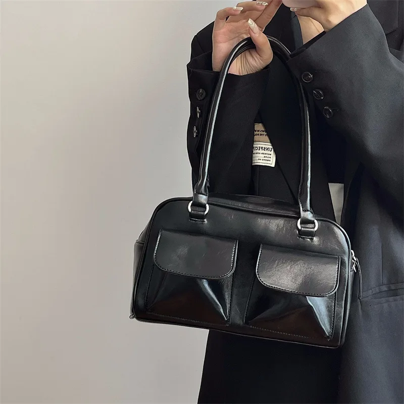 Leather Handbag Lux Trendy Street Korea Designer Bowling Box Handbag for Women Boston Tote Bag Pu Leather Bag Female Accessory