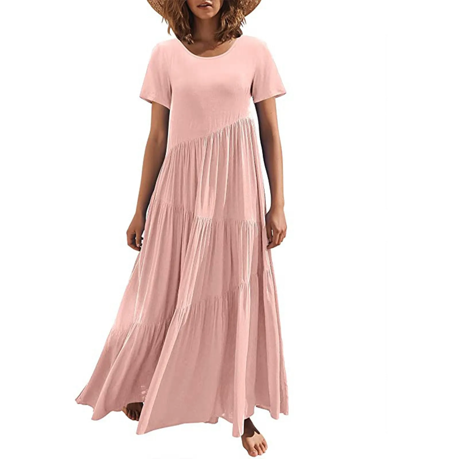 

Women's Boho Loose Long Dress Short Sleeve Round Neck Asymmetric Swing Tiered Beach Maxi Fall Dresses for Women Casual Summer