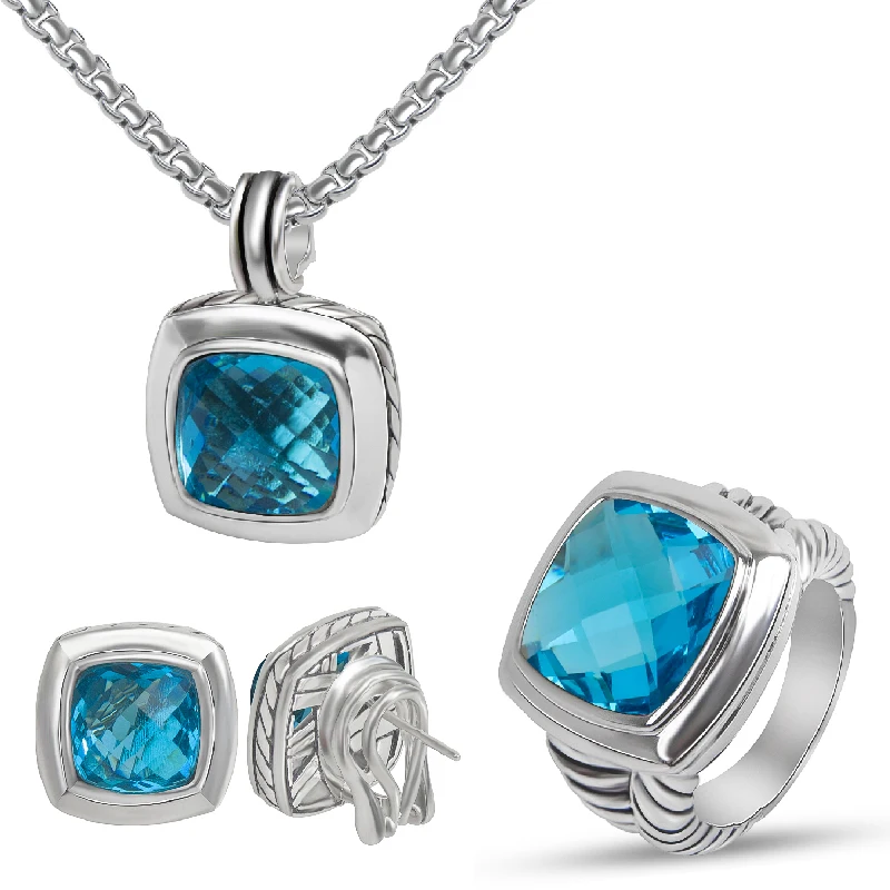 

14mm Cushion Cut Blue Topaz Pendant Necklace & Ring for Women Trendy 11mm CZ Stud Earrings Jewelry Set with No Side Stone