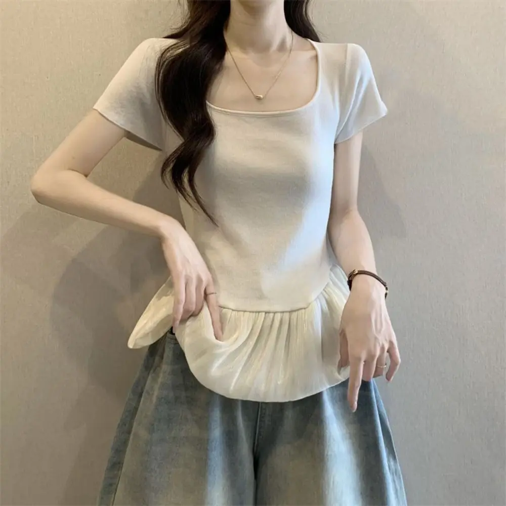 Fashion Short Sleeve Summer Knitted T-Shirt Slim Fit Patchwork Sweet Crop Tops Korean Style U-neck Mesh Ruffle T-Shirt Girls