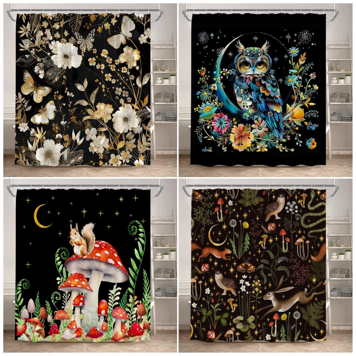 

Rustic Mushroom Plant Shower Curtains Butterfly Floral Squirrel Owl Animals Bath Curtain Set Polyester Bathroom Decor with Hooks