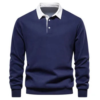 Men's Polo Collar Sweatshirt Shirt - Loose Long Sleeve Solid Color, Button-Down, Casual Pullover Top