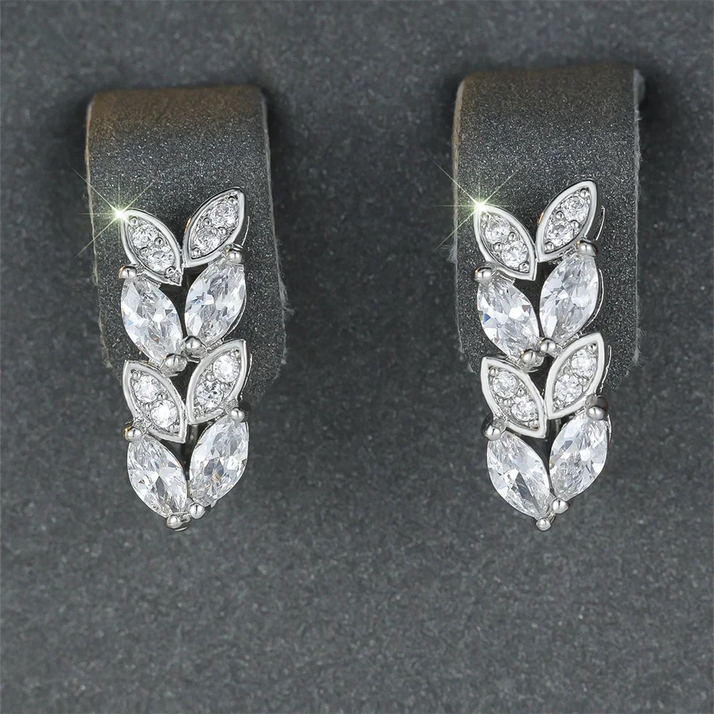 Luxury White Zircon Marquise Stone Tree Leaf Hoop Earrings For Women Vintage Silver Color Ear Buckle Wedding Jewelry Party Gifts