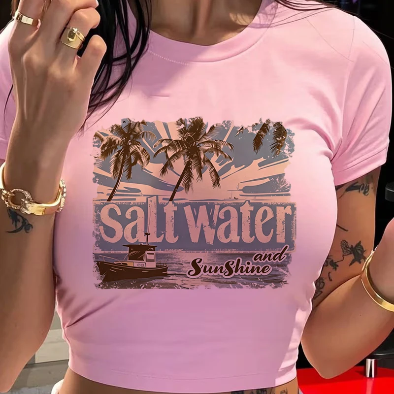 90s Spring Summer Sexy Crop Tops Vintage Retro Clothes Women's Crew Neck Short Sleeve Cropped T Shirt with Salt Water Print Girl 5