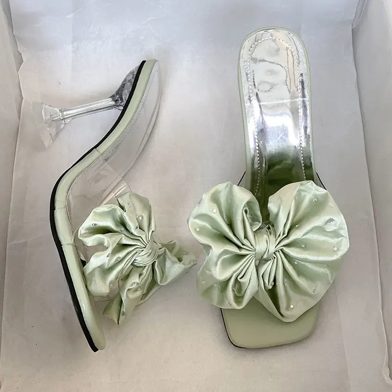 Fashion Transparent Pointed Toes Sandals Elegant Slingback Crystal Female Party Pumps Ladies Shoes Woman Bow Heels 34