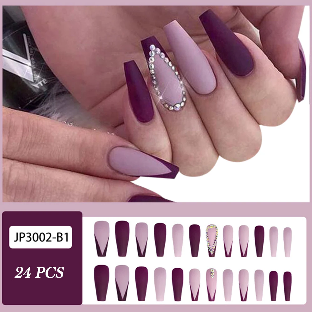 

24PCS Purple Matte Press On Nails Sweet Style Wearable Full Cover Long Nails Finished Nails Piece with Jelly Gel/Glue MH88