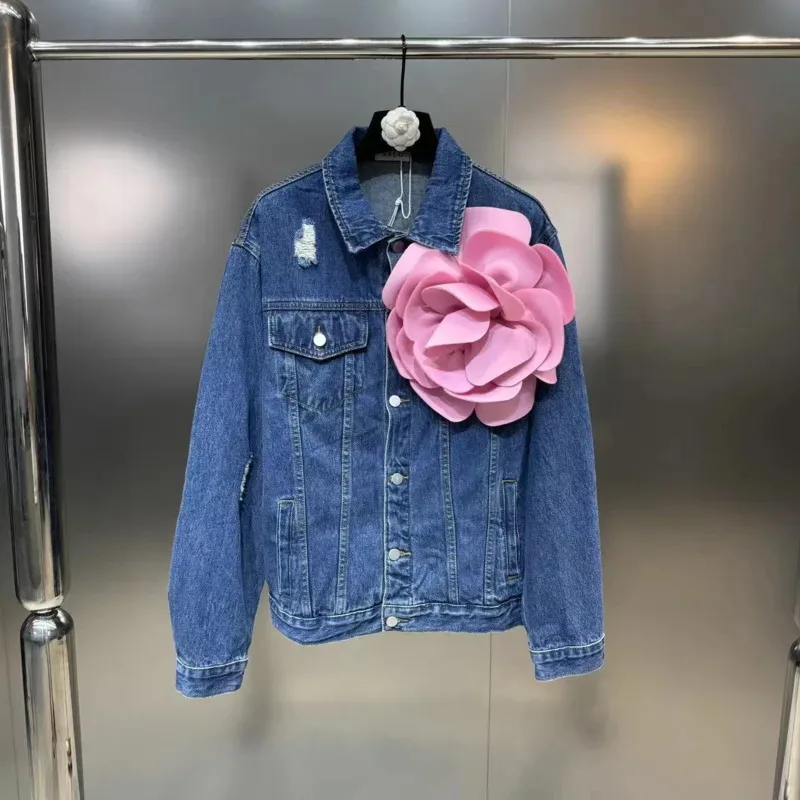 

BORVEMAYS Denim Jacket Women Spring Summer New Lapel Single-breasted Patchwork 3D Flower Decorate Fashion Coat Personality