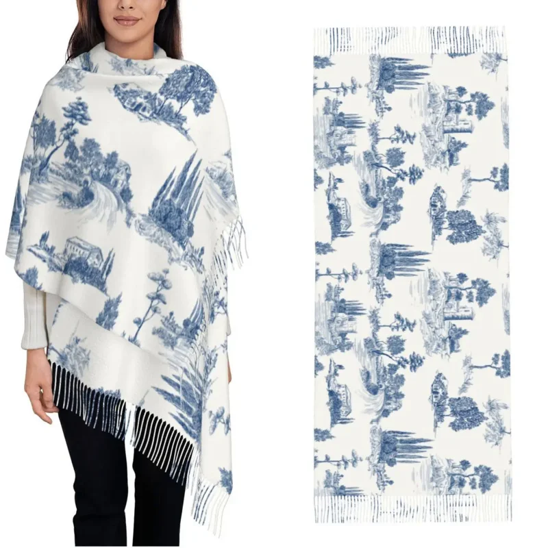 

Toile De Jouy Print Countryside Views Wrap For Womens Winter Long Soft Scarf Castles Landscapes Pashmina Shawl Scarves