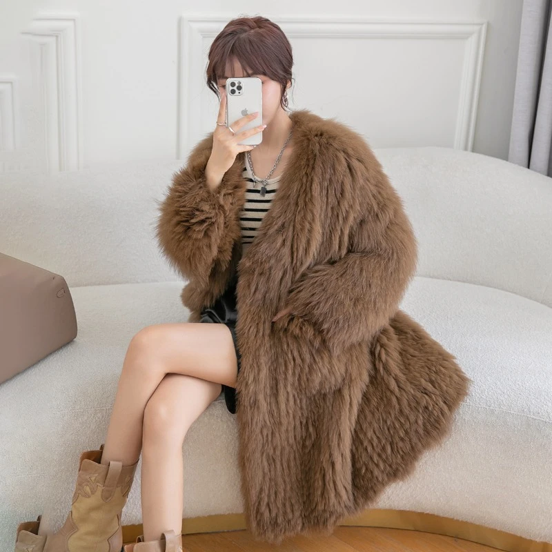 Women's Long Winter Fur Coat Luxury Fashion Fox Fur Thermal Coat Outdoor Wind And Cold Woven Plush Coat