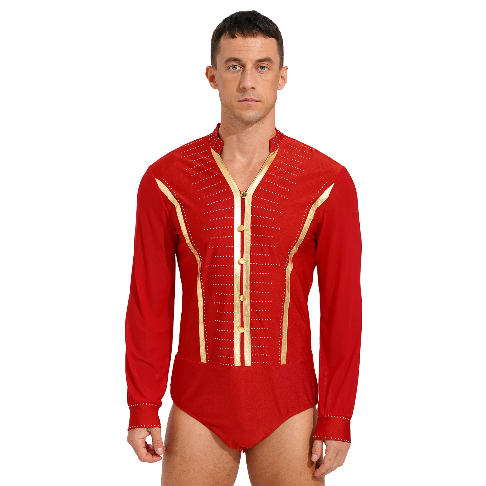 Mens Ballroom Samba Latin Dance Costume Tango Rumba Body Top Shiny Rhinestones Bodysuit V Neck Sheer Mesh Long Sleeve Leotard
