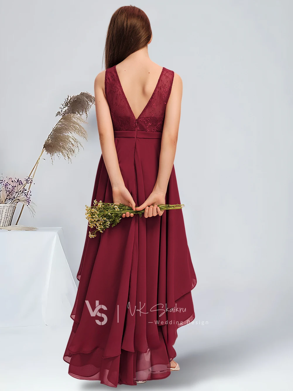 ТРАПЕЦИЕВИДНОЕ асимметричное шифоновое кружевное платье для подружки невесты с каскадными оборками бордовое Цветочное платье для девочки на свадьбу