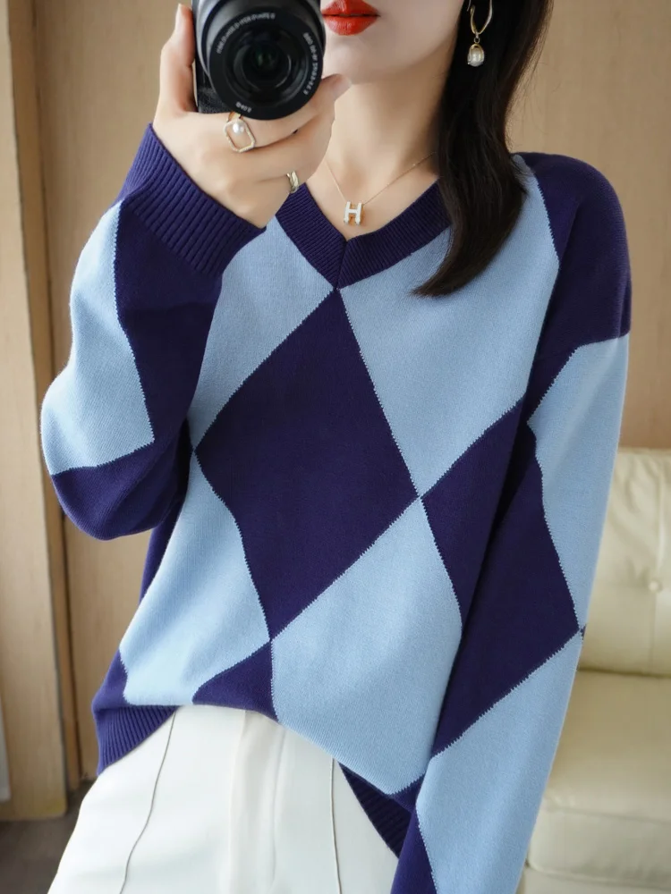 

New Arrivals Wool Women's Sweater Long Sleeve V-Neck Pullover High Elasticity Diamond Color Blocking Knitted Jumper Lady Clothes