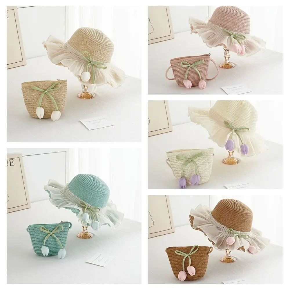 with Same Style Crossbody Bag Tulip Straw Sun Hat Korean Style Anti-UV Sun Hat Girls Bucket Hat Shading Hat Foldable