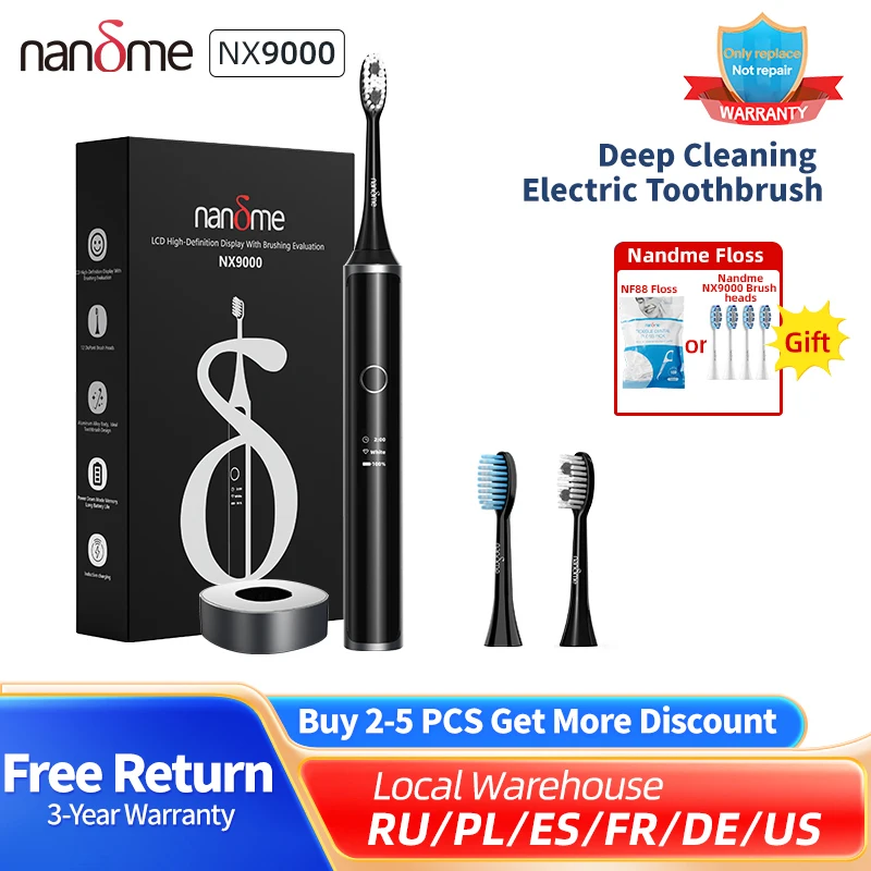 【Code：NANDME041】Nandme NX9000 전동 칫솔, 소닉 IPX7 방수 스마트 LCD 디스플레이, 유도 충전 딥 클리닝 칫솔 