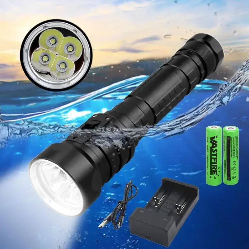 Powerful LED Diving Flashlight Super Bright Professional Underwater Torch Flashlight Waterproof Rating Lamp Using 18650 Battery