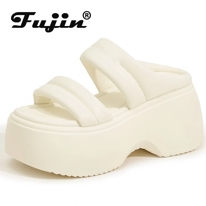 

Fujin 8.5cm Microfiber Synthetic Leather Flats Summer Peep Toe Fashion 2024 Women Sandal Slippers Pumps Platform Wedge Shoes