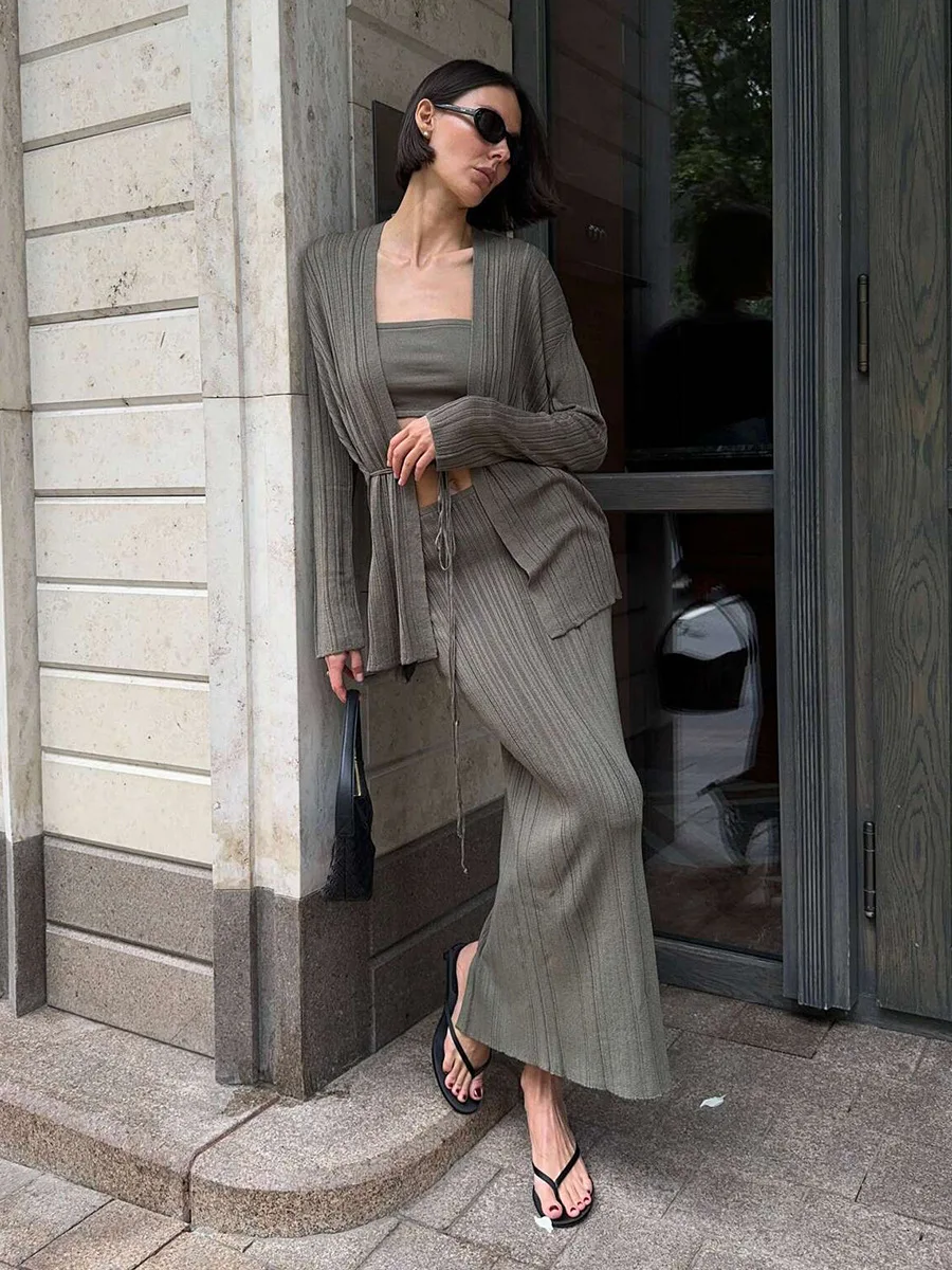 Bornladies Women's Minimalist Autumn Winter Knit Set Cardigan Camisole Skirt Loose Design Solid Color Vest Sweater 3-piece Set