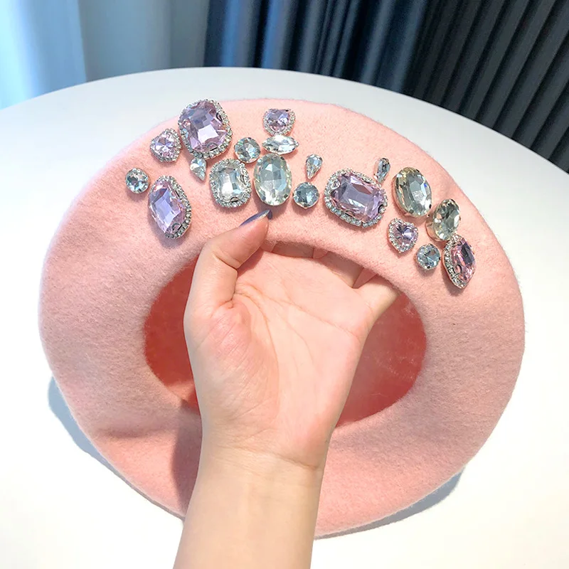 Hot Sale Beret Lady Thick Rhinestone Brimless Thermal Decor Wool Artist French Style Painter Hat Women Headwear_vogarts.com