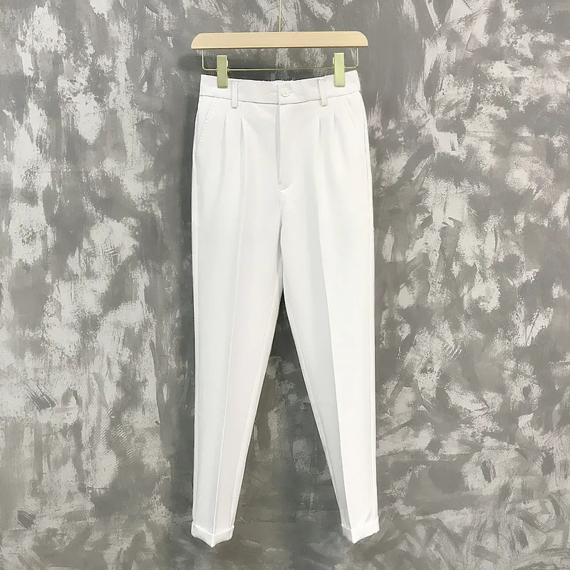 

ICOOL Summer Non-iron Nine-point Men's White Smart Casual Trousers Ice Silk Drape Suit Pants, Men's Korean Version Of High Feet