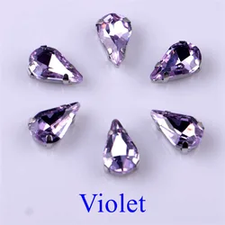 Elegant Teardrop Glass Rhinestone Embellishments with Silver Metal Base - 20 pcs/pack - 8x13mm (Violet)
