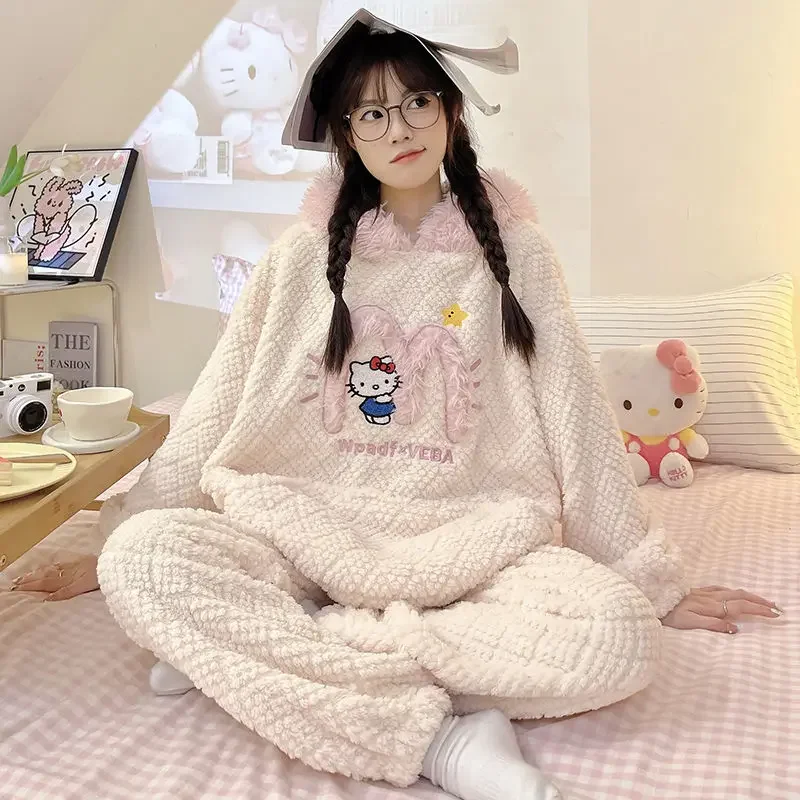 

Sanrio Hello Kitty Coral Velvet Pajama Anime Cute Cartoon Women's Autumn Winter Hooded Long-sleeved Flannel Homewear Set Gift