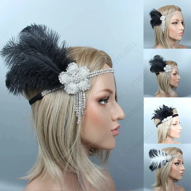 

Hair Accessories For Women 1920s Cosplay Headwear Rhinestone Sequin Vintage Party Headpiece Beaded Flapper Hair Feather Headband