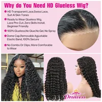 Perruque Lace Front Wig sans colle brésilienne naturelle-Princess Hair, cheveux humains, Deep Wave, pre-plucked, 5x8, pre-plucked, pour femmes 5