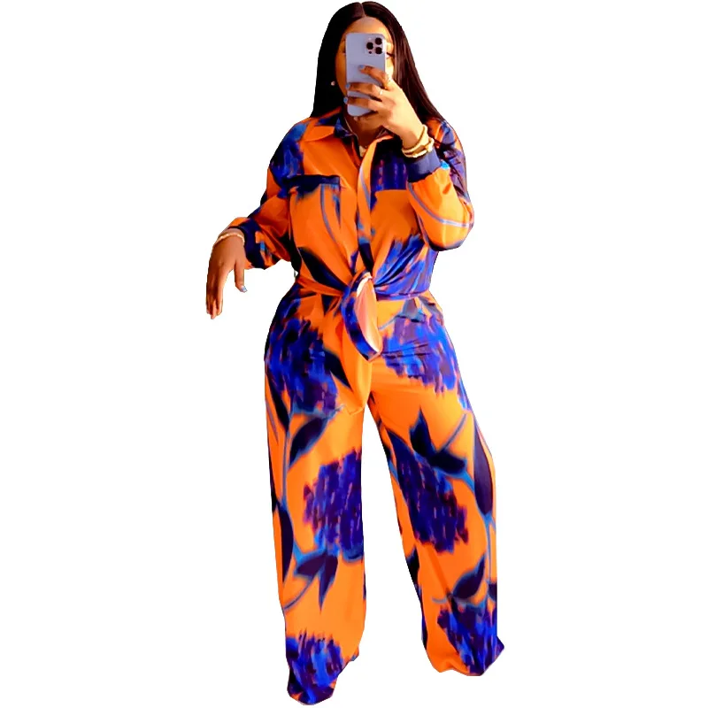 

African Suit 2022 Summer Fashion African Women Long Sleeve V-neck Printing Polyester Two Pieces Sets Top and Long Pant