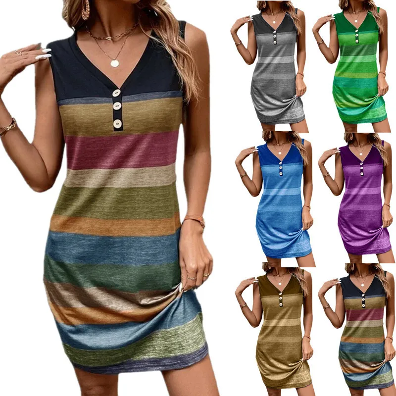 

Ladies Dresses 2023 Spring and Summer Fashion New Striped Printed Button Loose V-Neck Sleeveless Dresses for Women