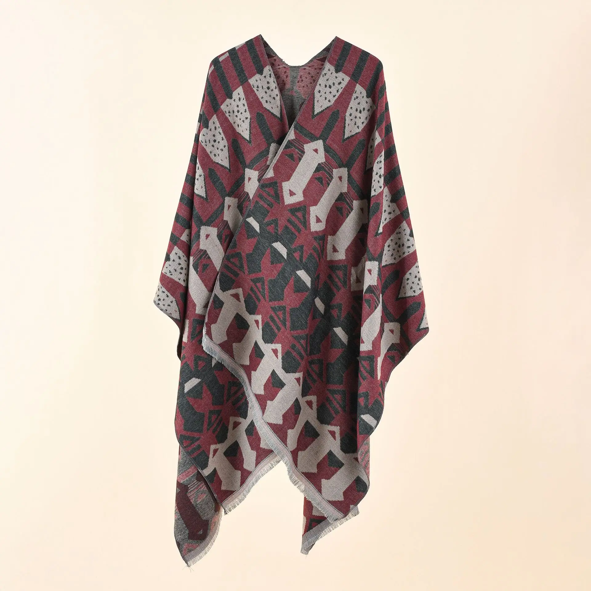 

Autumn Winter New Street Geometric Pattern Imitation Cashmere Tassels Warm Lady Shawl Women Cloak Poncho Capes Coat Red