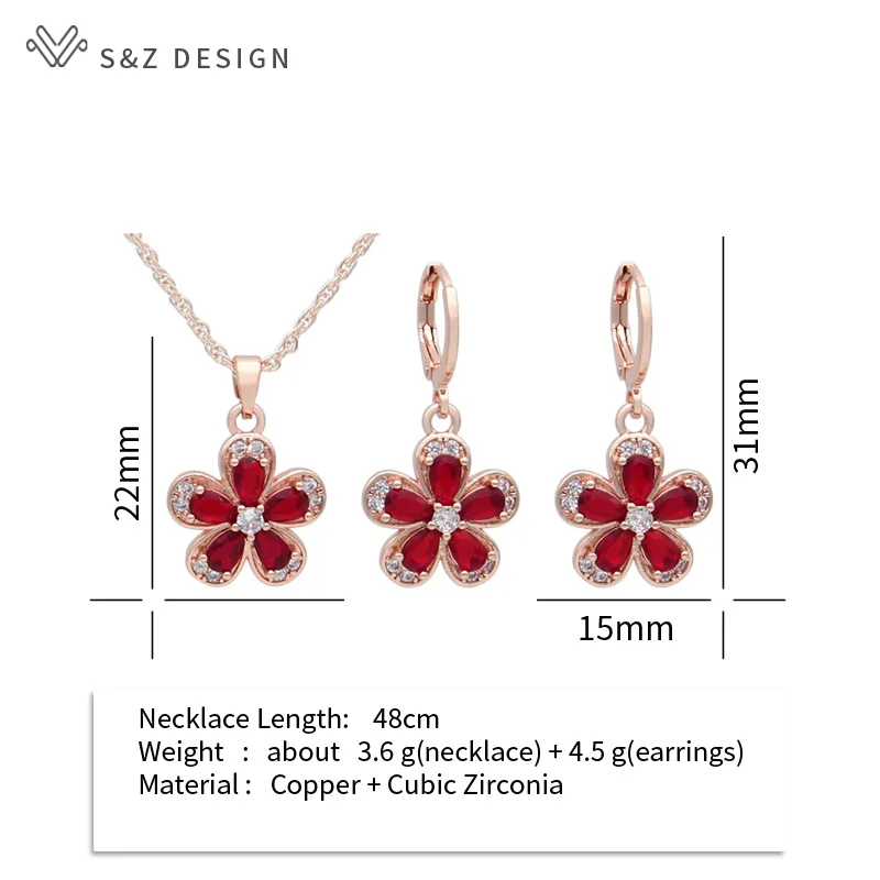 S&Z DESIGN New Fashion Cubic Zirconia Red Flowers Dangle Earrings Jewelry Sets For Women 585 Rose Gold Color Pendant Necklace