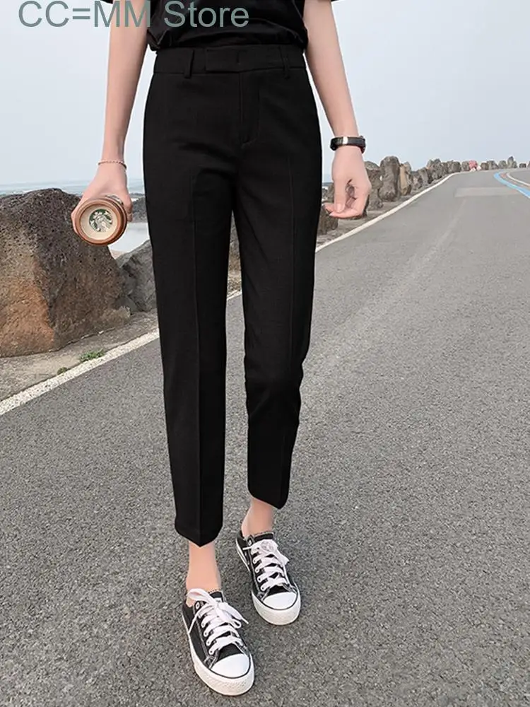 New Pants Women Office Ladies Grey Suit Straight Cargo Ankle-Length Pants Summer Korean Vintage High Waist Clothing