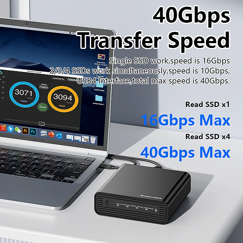 4베이 M.2 NVMe SSD 인클로저 USB C 외장 하드 드라이브 케이스 (2230 2242 2260 2280 SSD 호환, 쿨링 팬 포함)