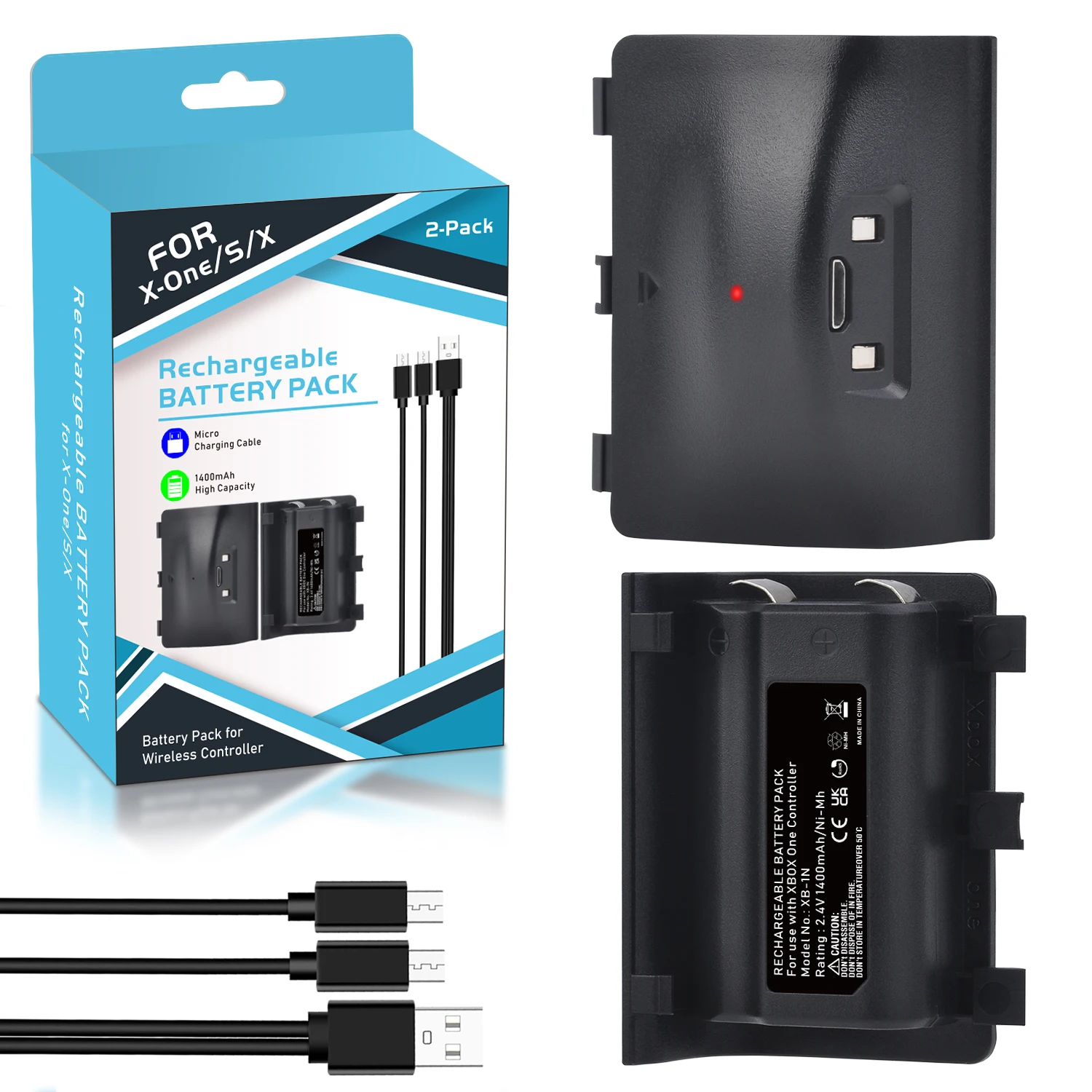 Batteria Ricaricabile Da 2 Pezzi Per Controller Wireless Xbox One/One S/One X/One Elite + Cavo Usb 2 In 1