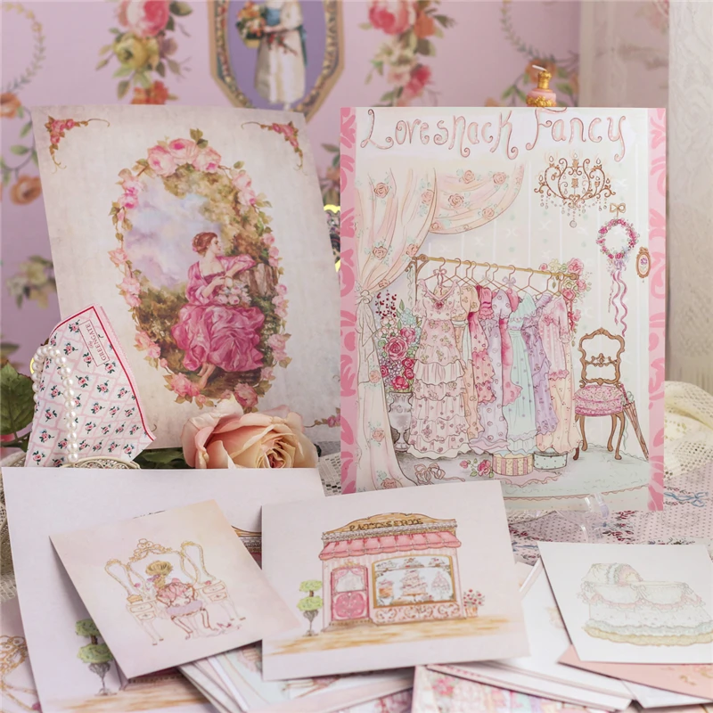 

French Retro Cute Painting Set 34Pcs Paper Postcard Home Decor Hand-Painted Painting Aesthetic Room Decor Photo Props Gift